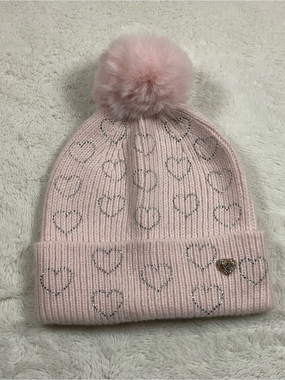Juicy Couture Pink Rhinestone Heart Pom Beanie Knit Hat One Size